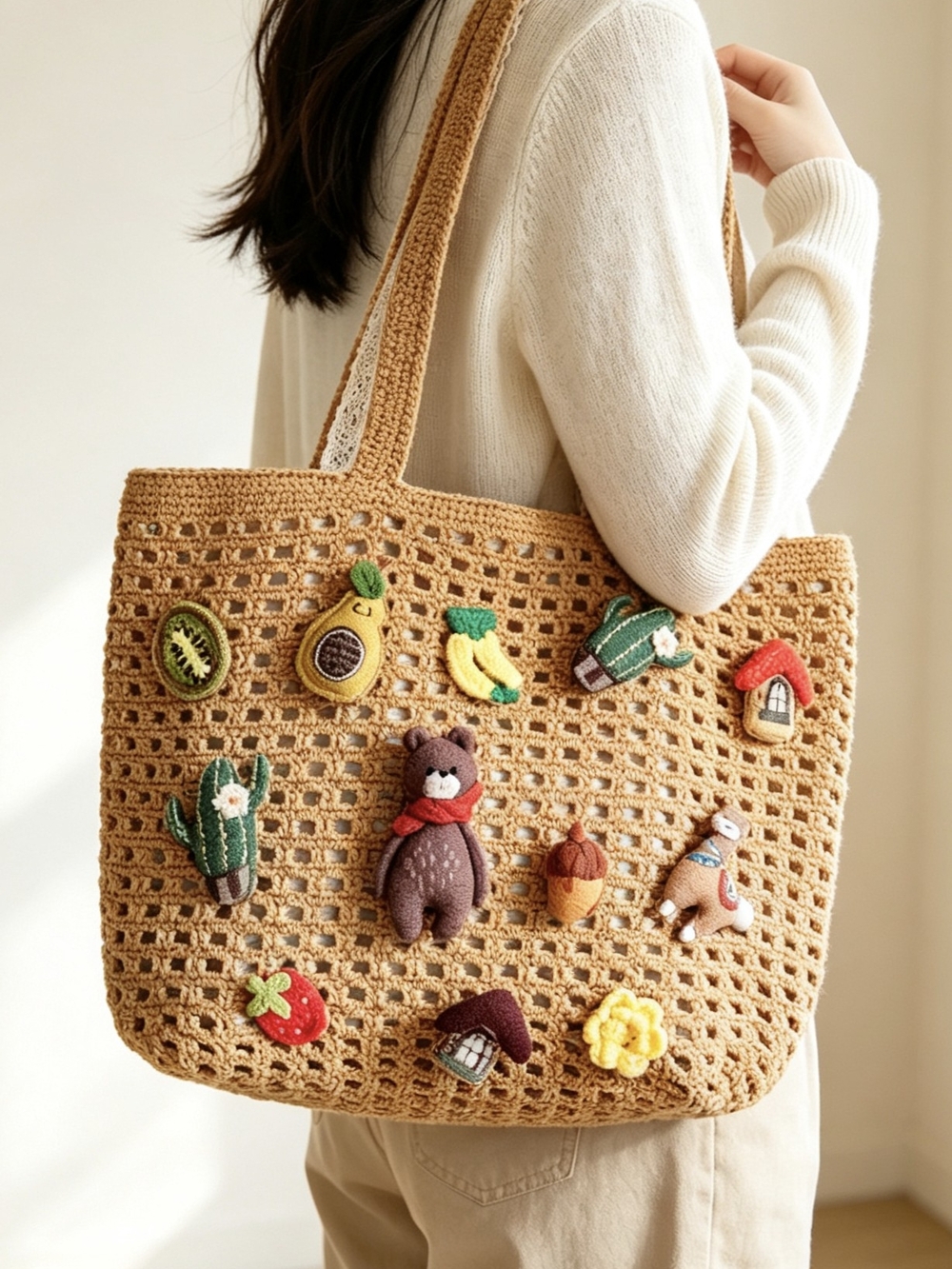 Handmade Crochet Tote Bag in Tan with Colorful Appliqués